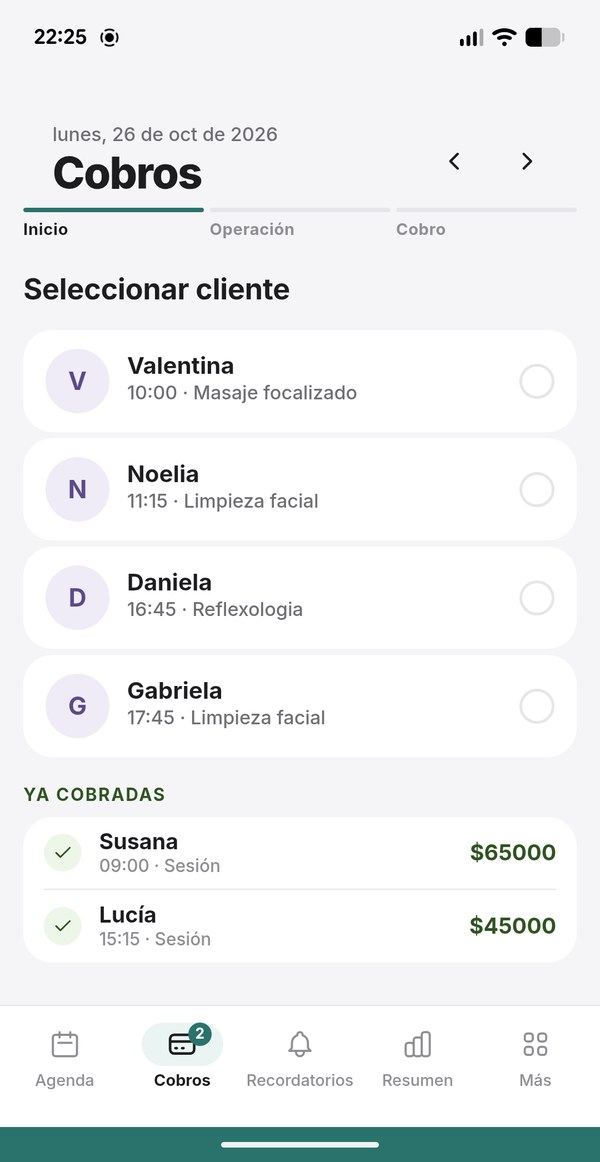 Cobros del día: clientas por cobrar y ya cobradas